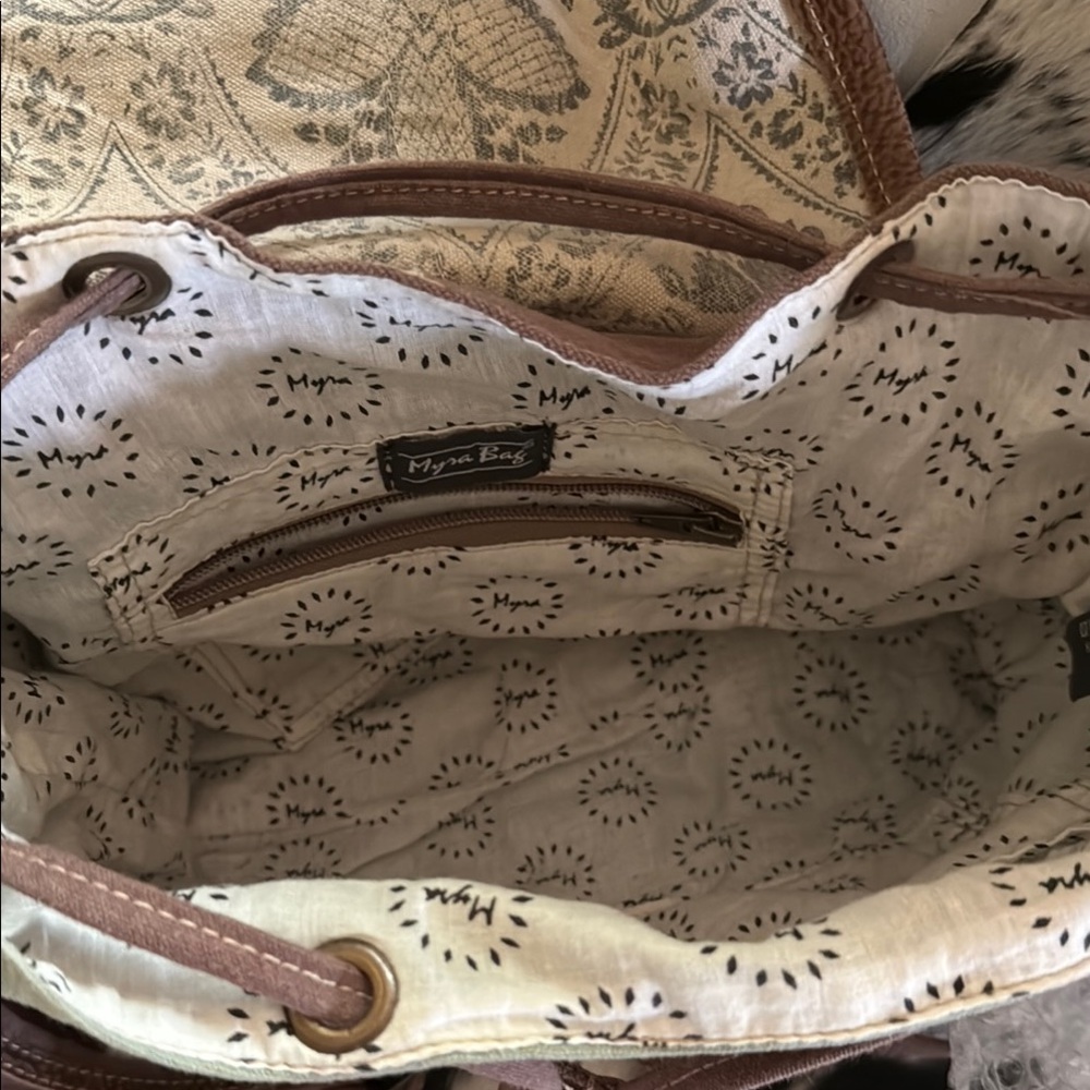 Brown And Cream Patterned Myra Backpack With Leat… - image 3
